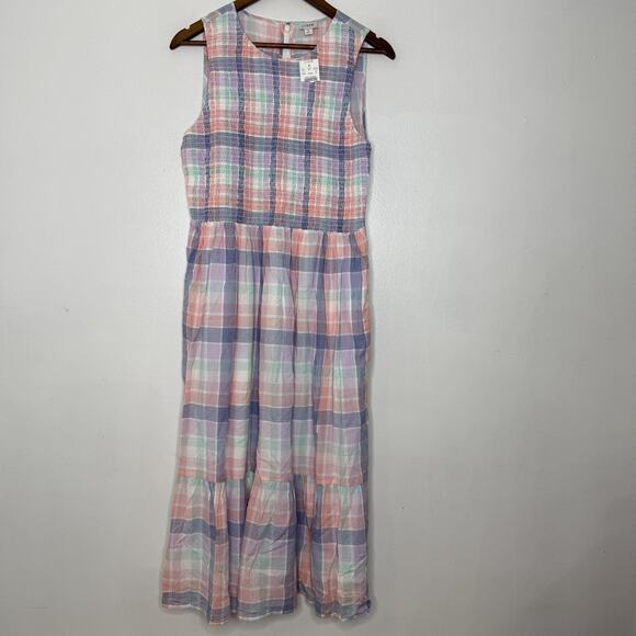 J Crew Dress Womens Medium Pastel Plaid Smocked Sleeveless Maxi Pockets NEW - Picture 1 of 7